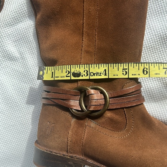 Frye Brown Suede Women’s Knee High Riding Boots Sz 8.5 Leather Brass Details - Picture 14 of 16